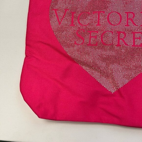 Victorias Secret Womens Tote Bag Magenta Textile Spellout Heart Sequins Huge New - Picture 8 of 9